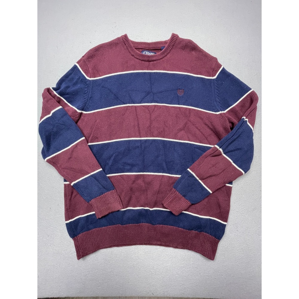 Chaps Sweater Cotton Blend Striped Burgundy Navy‎ Large Mens